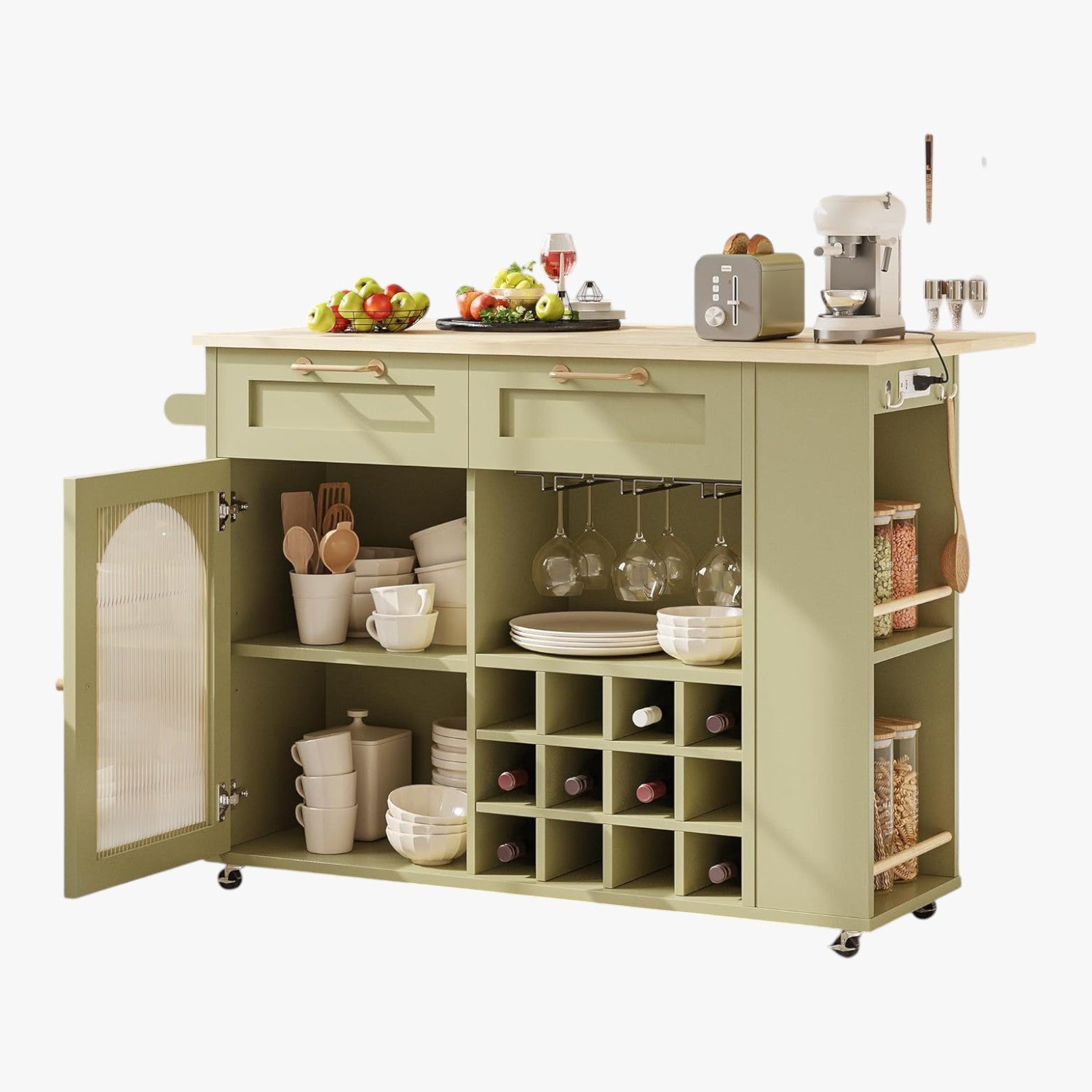 LIKIMIO Kitchen Island on Wheels with Power Outlet & Drop Leaf, Green
