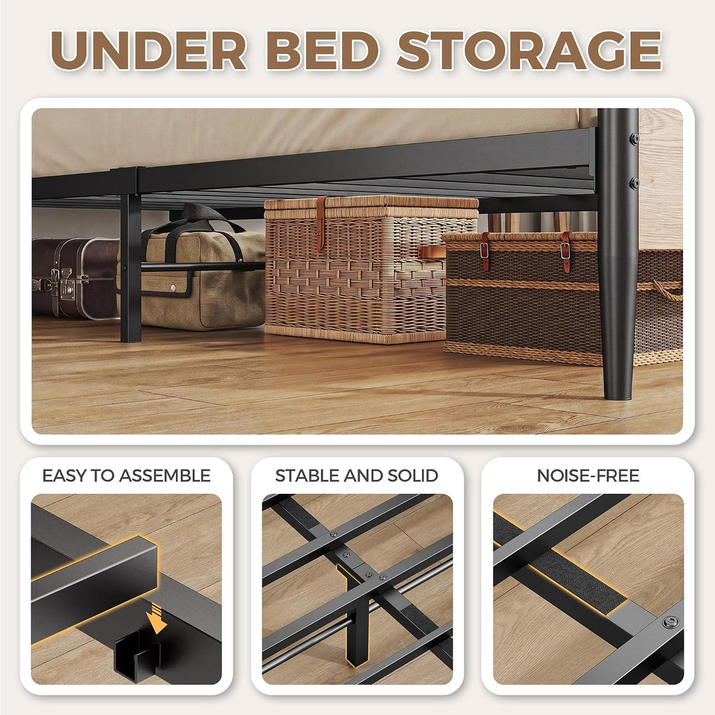 LIKIMIO Natural Rattan Full Size Bed Frame with Wooden Headboard | Boho Metal Platform Bed Frame Full Size with Metal Slats Surpport, Under Bed Storage, No Box Spring Needed, for Bedroom