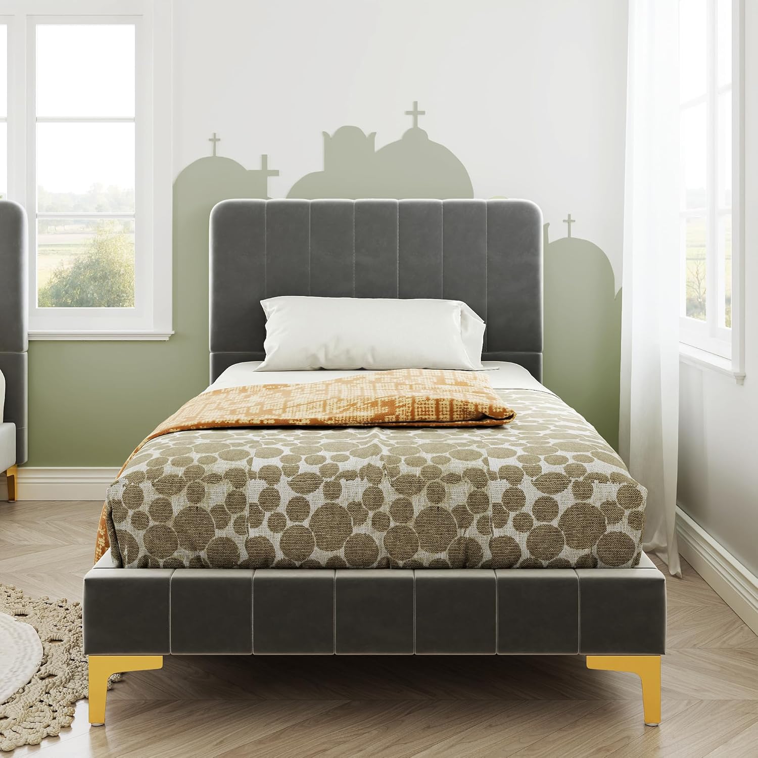 LIKIMIO Rounded Velvet-Upholstered Bed Frame
