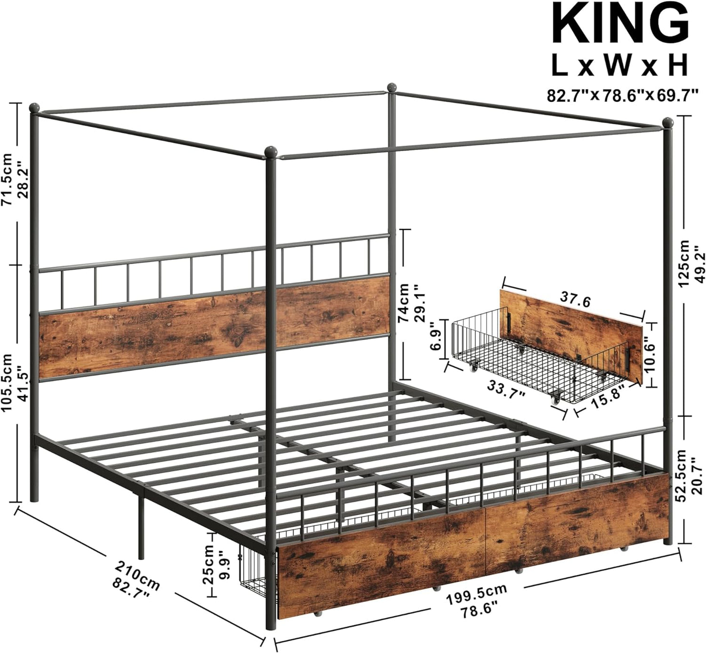 LIKIMIO Canopy Bed Frame with Drawers