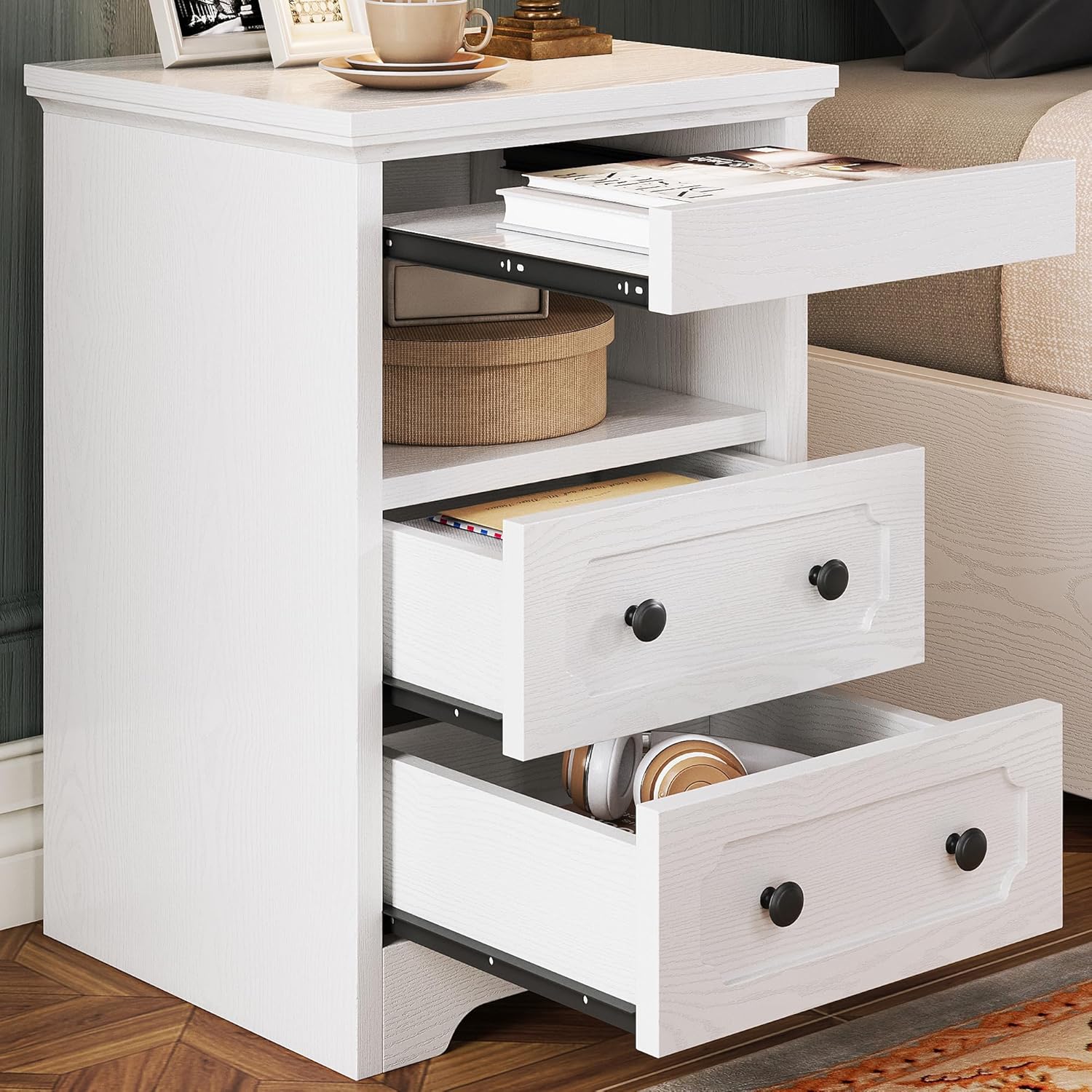 LIKIMIO Wooden Pull Out Tray Nightstand