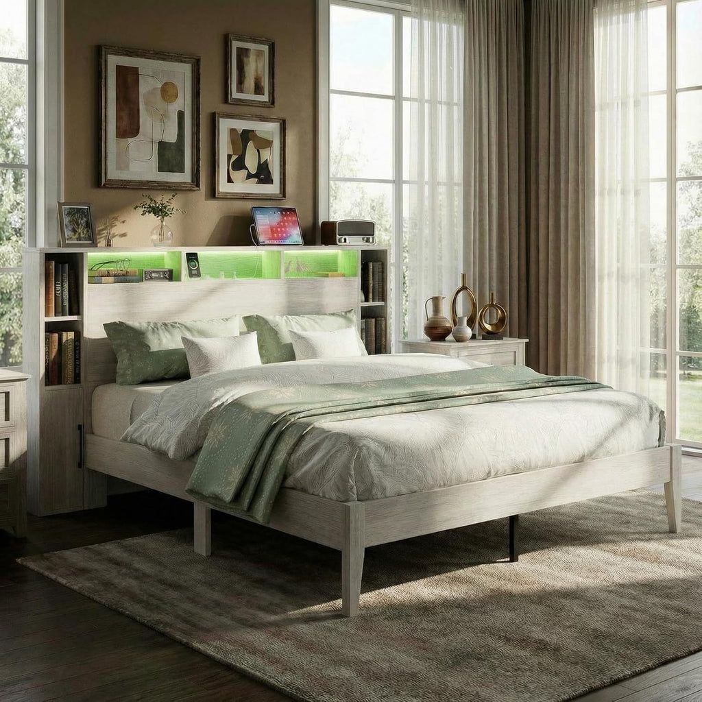 LIKIMIO Queen Bed Frame, with Charging Station & LED Lights, Natural Color