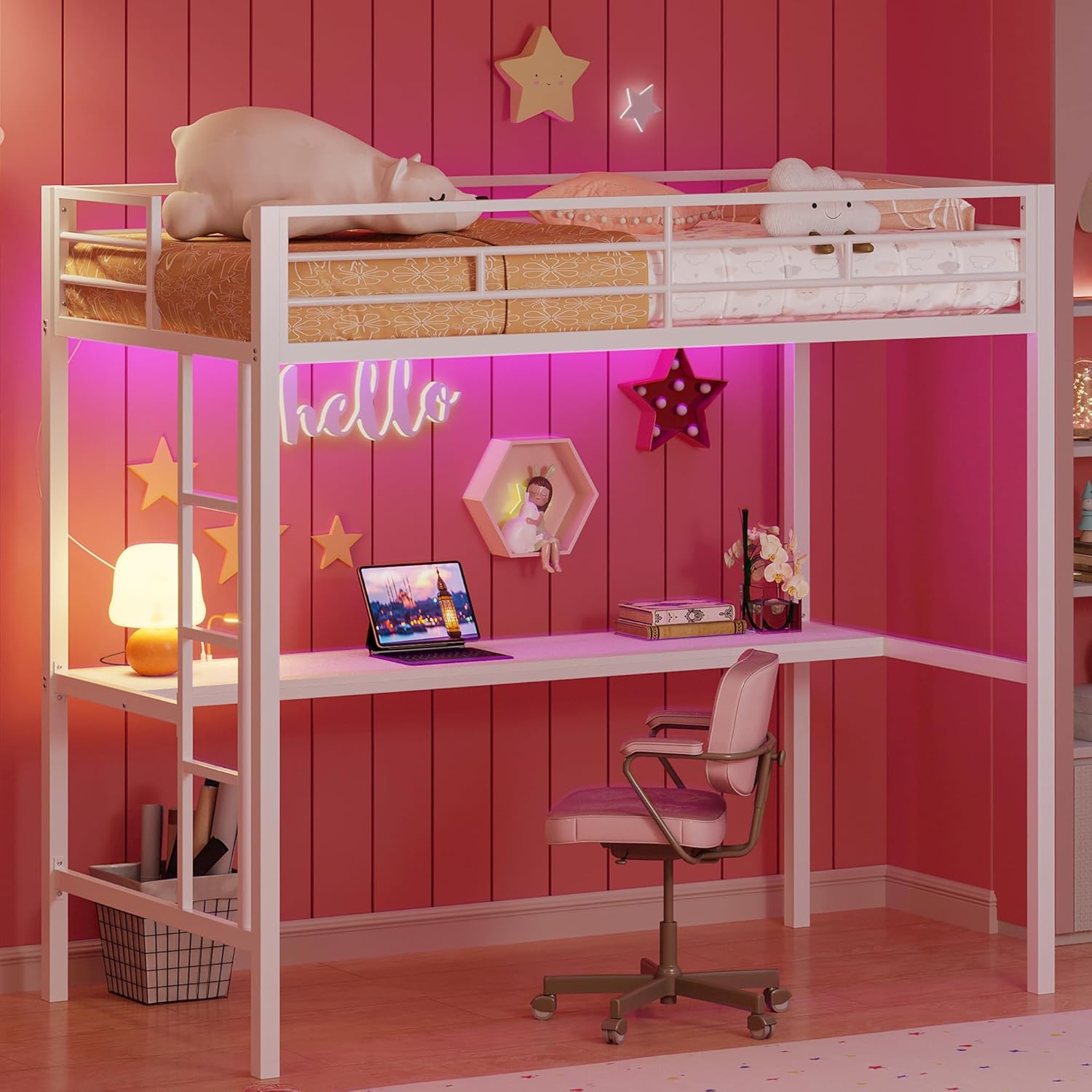 LIKIMIO LED Metal Loft Bed Frame