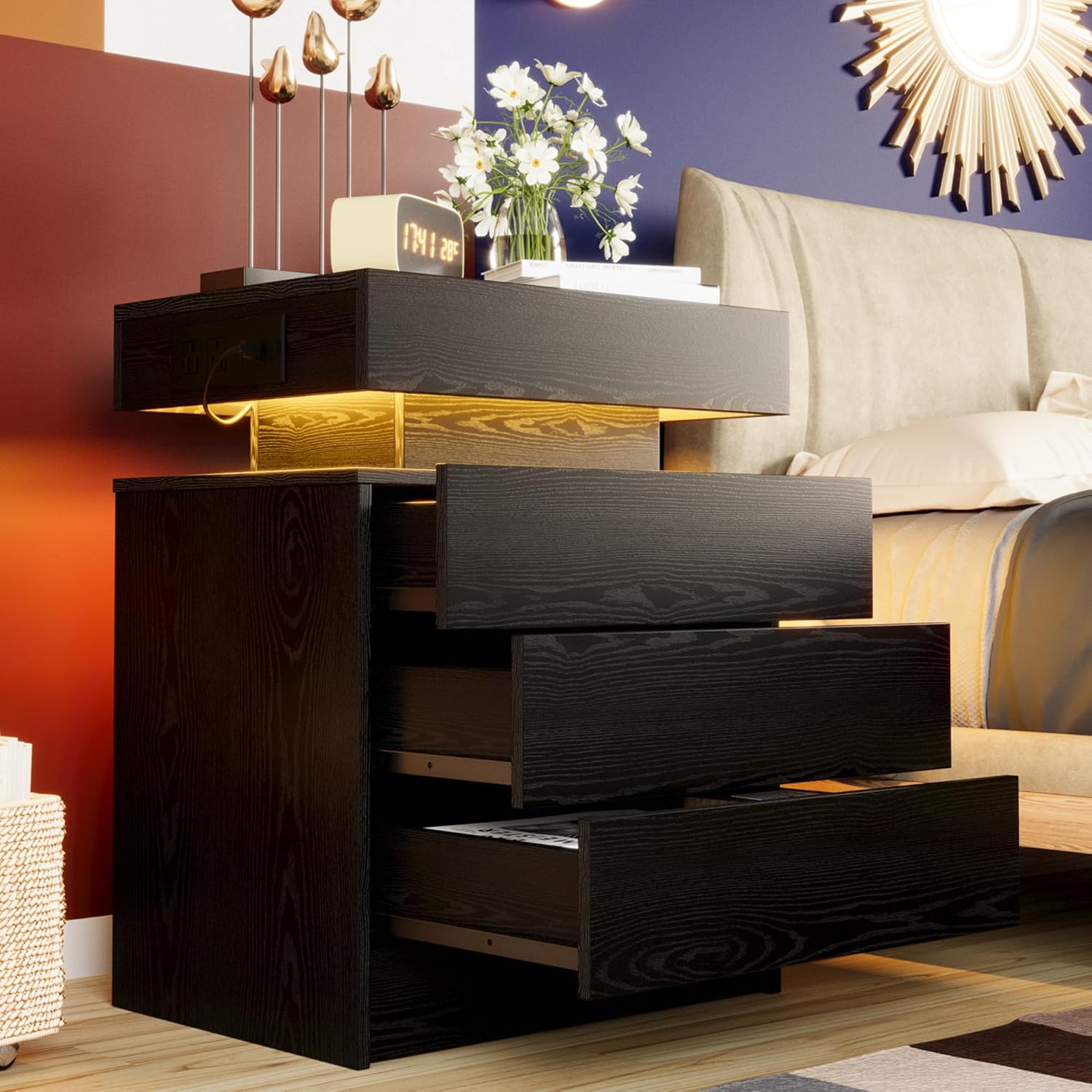 LIKIMIO LED Wood Grain Nightstand