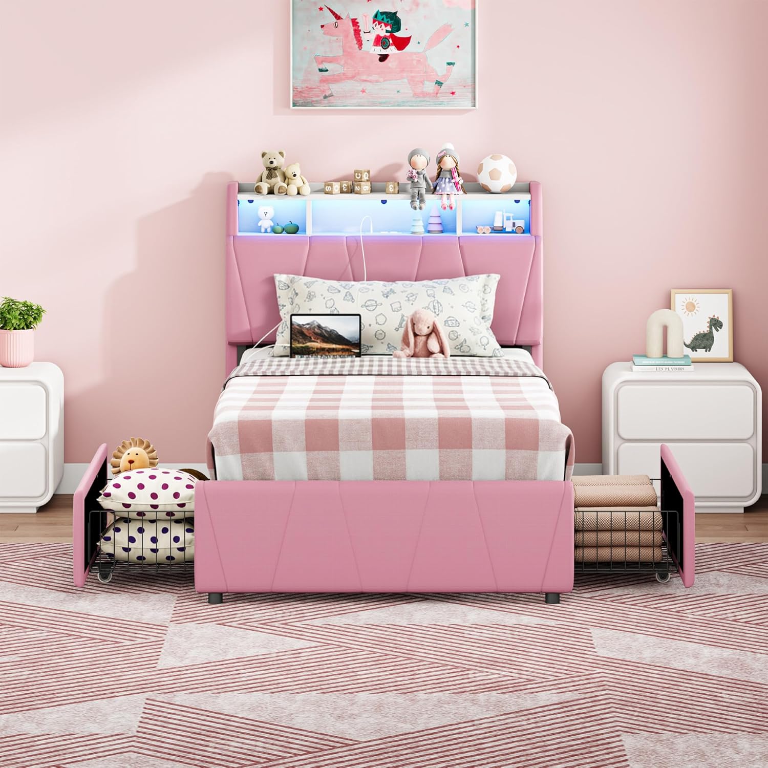 LIKIMIO Twin Bed Frame with Charging Station & LED Lights, Pink
