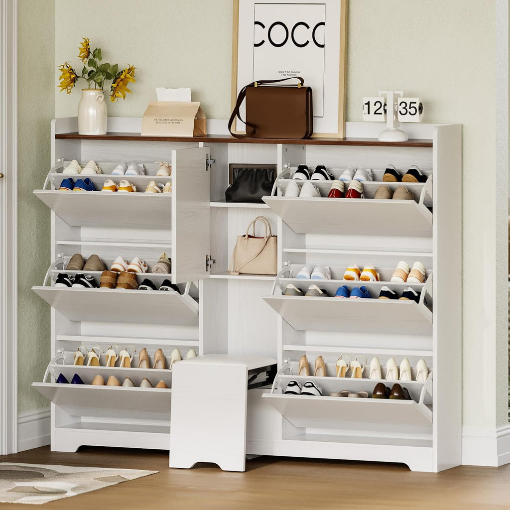 LIKIMIO Flip-Top Drawer & Hidden Stool Shoe Cabinet (63")