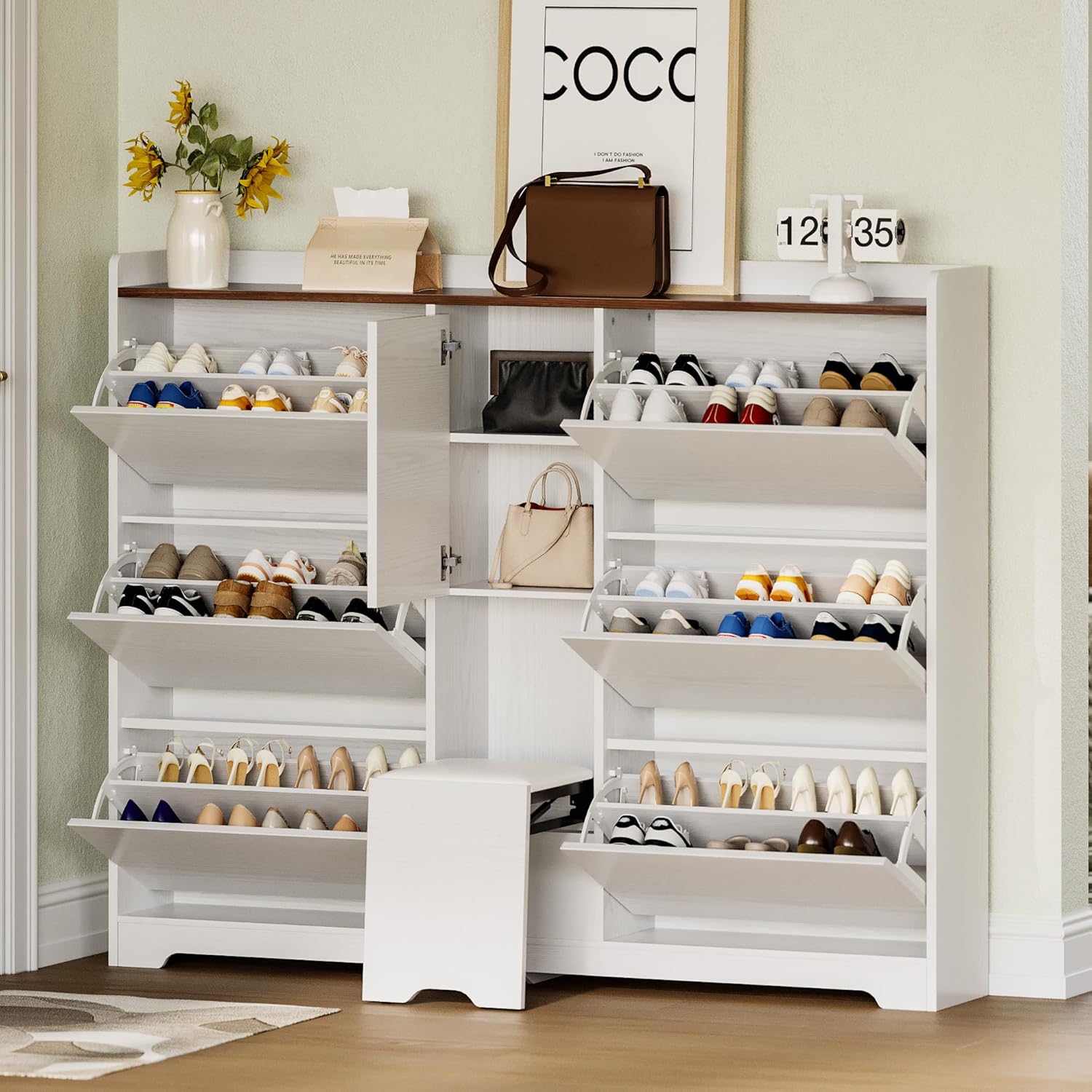 LIKIMIO Flip-Top Drawer & Hidden Stool Shoe Cabinet (63")