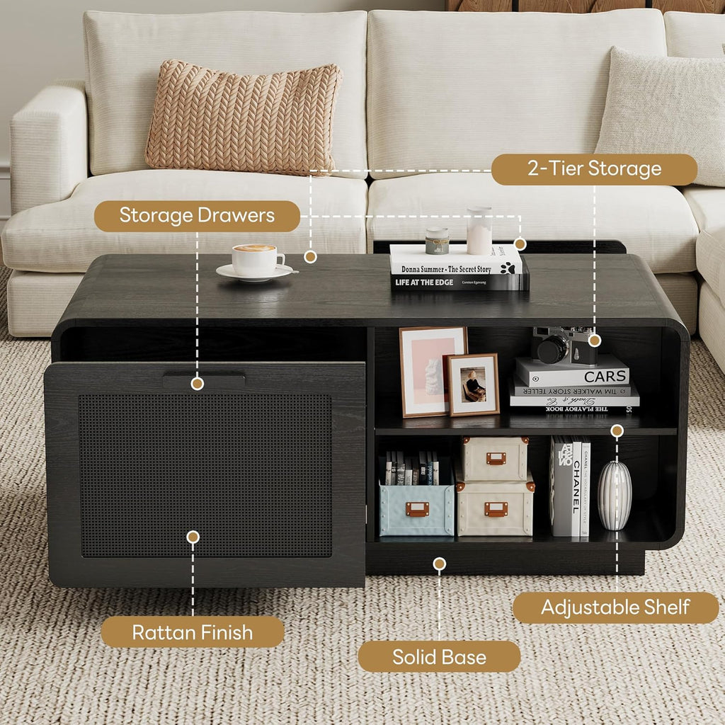 LIKIMIO 39.4" Rattan Coffee Table with Storage Drawers, Black