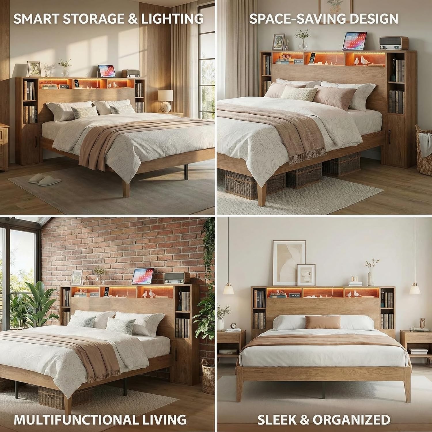 LIKIMIO Queen Bed Frame, with Charging Station & LED Lights, Natural Color