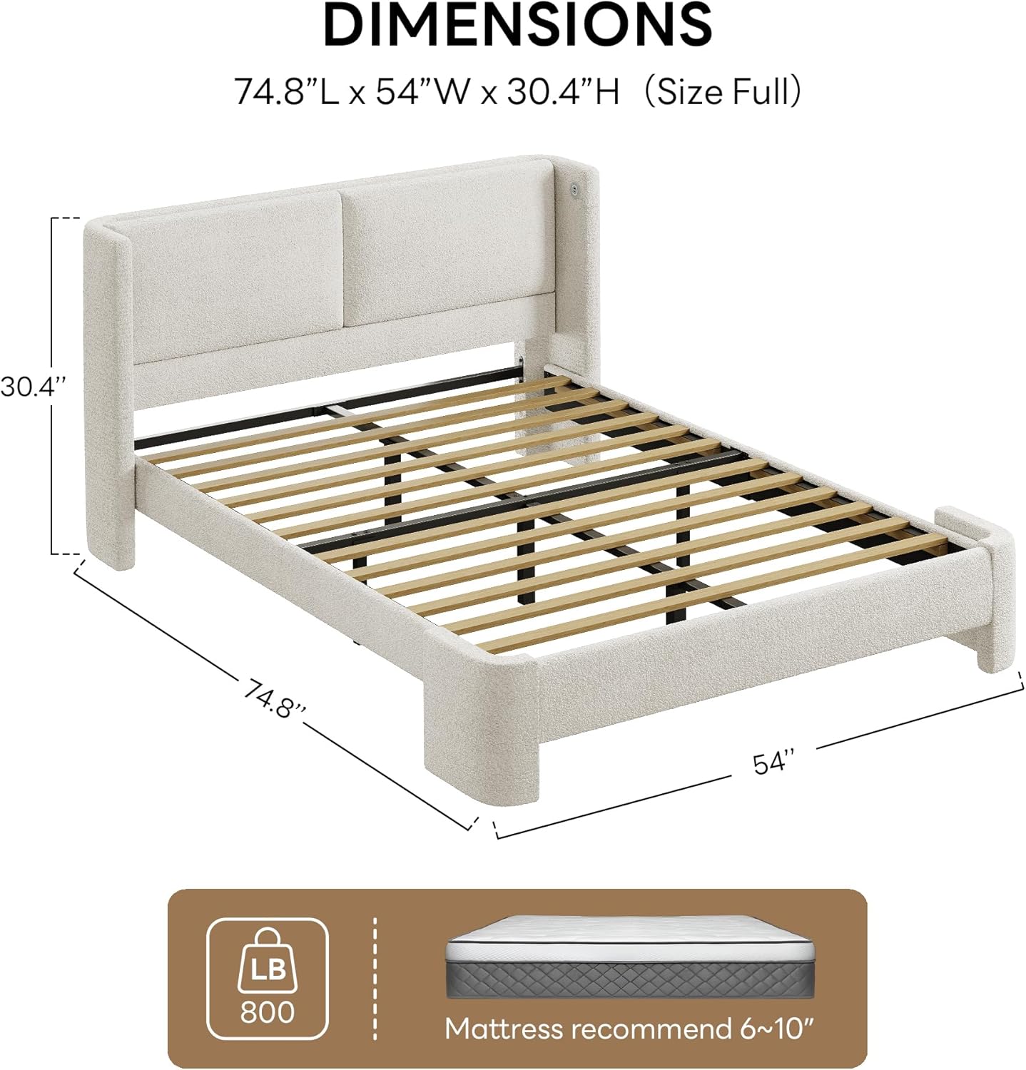 LIKIMIO Full Bed Frame with Headboard, with USB Ports, Cream White