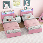 LIKIMIO Twin Bed Frame with Charging Station & LED Lights, Pink