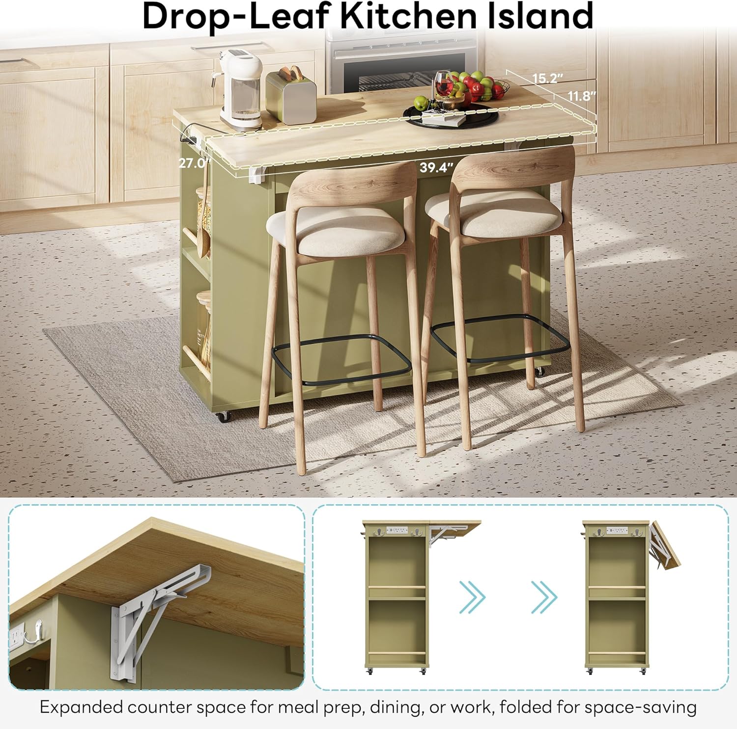 LIKIMIO Kitchen Island on Wheels with Power Outlet & Drop Leaf, Green