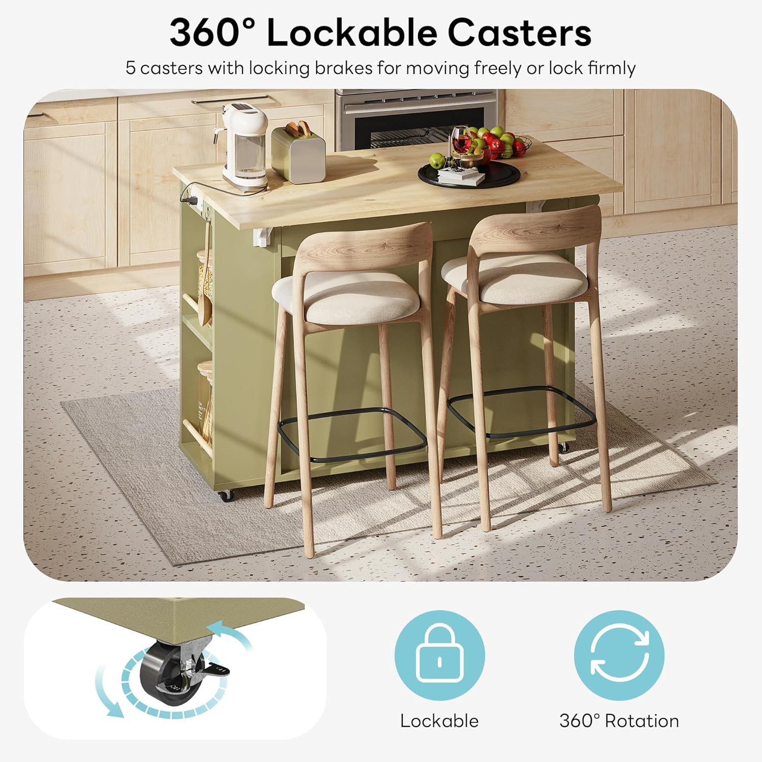 LIKIMIO Kitchen Island on Wheels with Power Outlet & Drop Leaf, Green