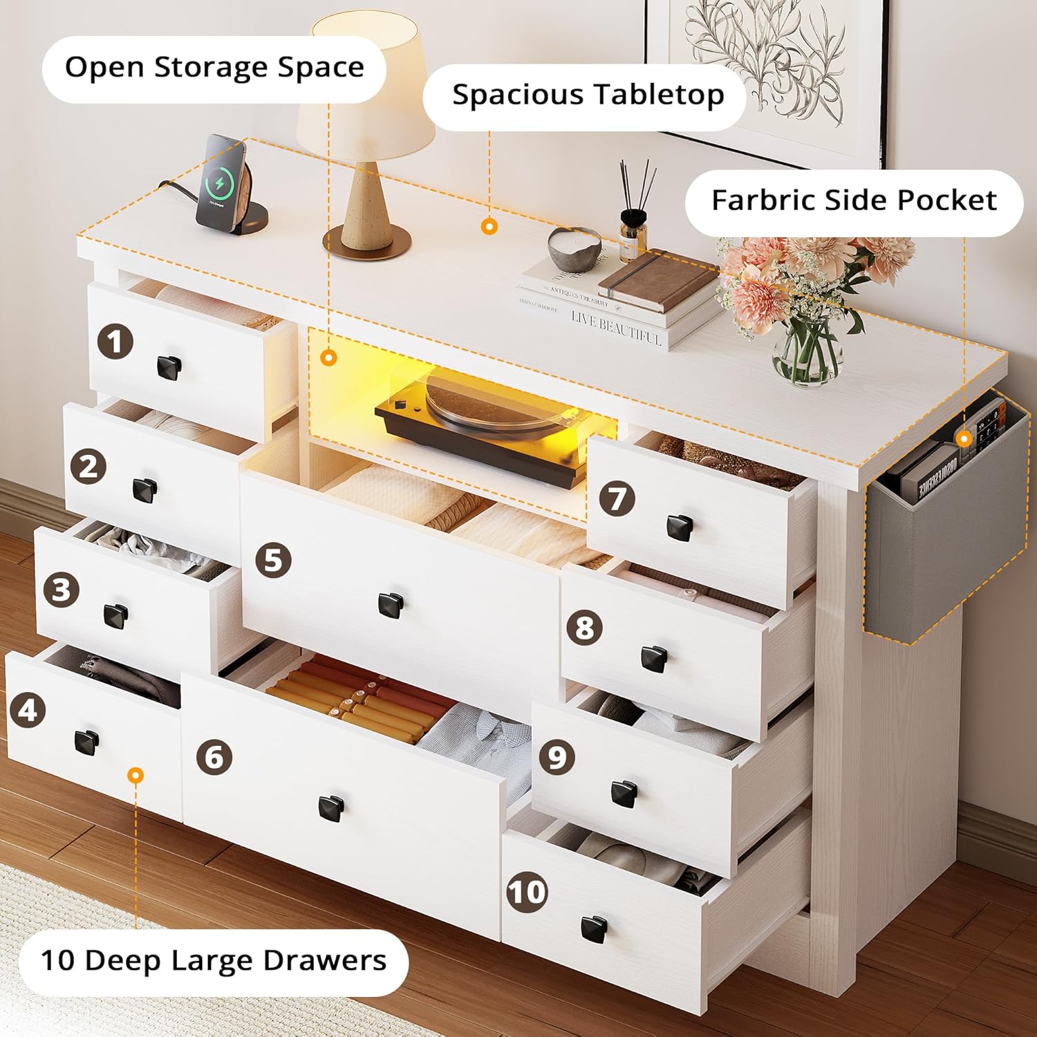 LIKIMIO Fabric Side Pocket & Wooden 10-Drawers Dresser