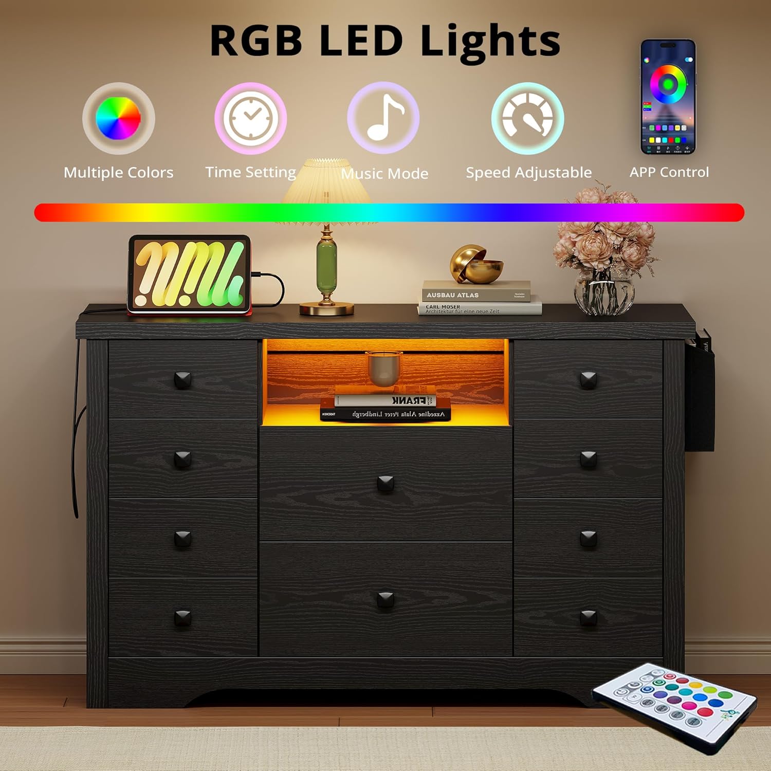 LIKIMIO Fabric Side Pocket & Wooden 10-Drawers Dresser