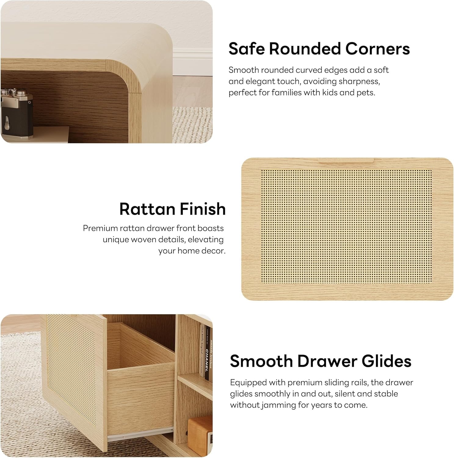 LIKIMIO 39.4" Rattan Coffee Table with Storage Drawers, Natural