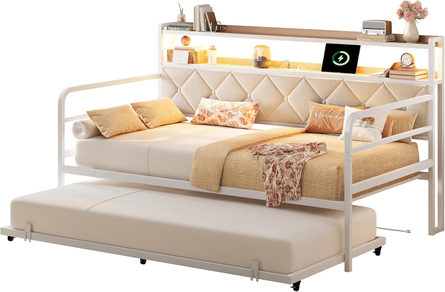 LIKIMIO Twin Daybed with Trundle,  LED Lights & Charging Station, White