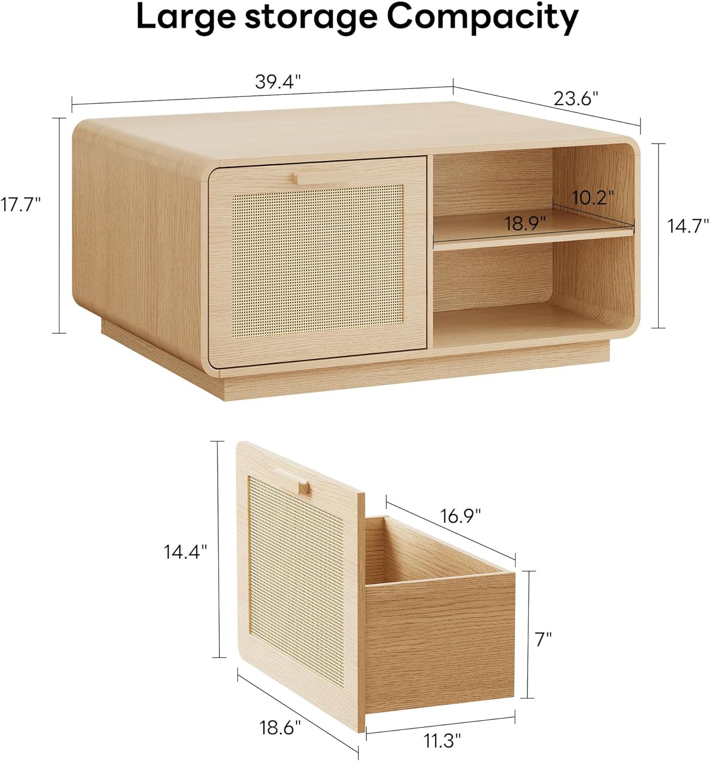 LIKIMIO 39.4" Rattan Coffee Table with Storage Drawers, Natural