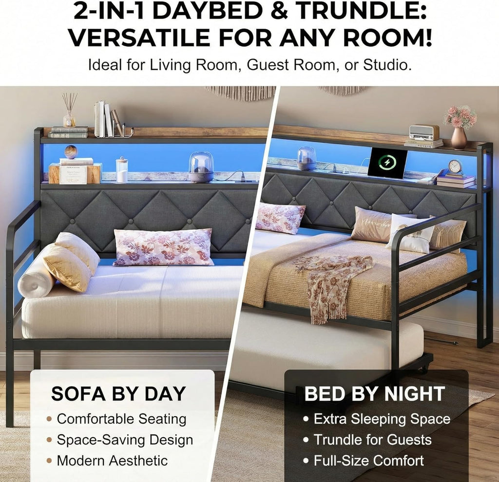 LIKIMIO Twin Daybed with Trundle, 700lbs Capacity, LED Lights & Charging Station, Black