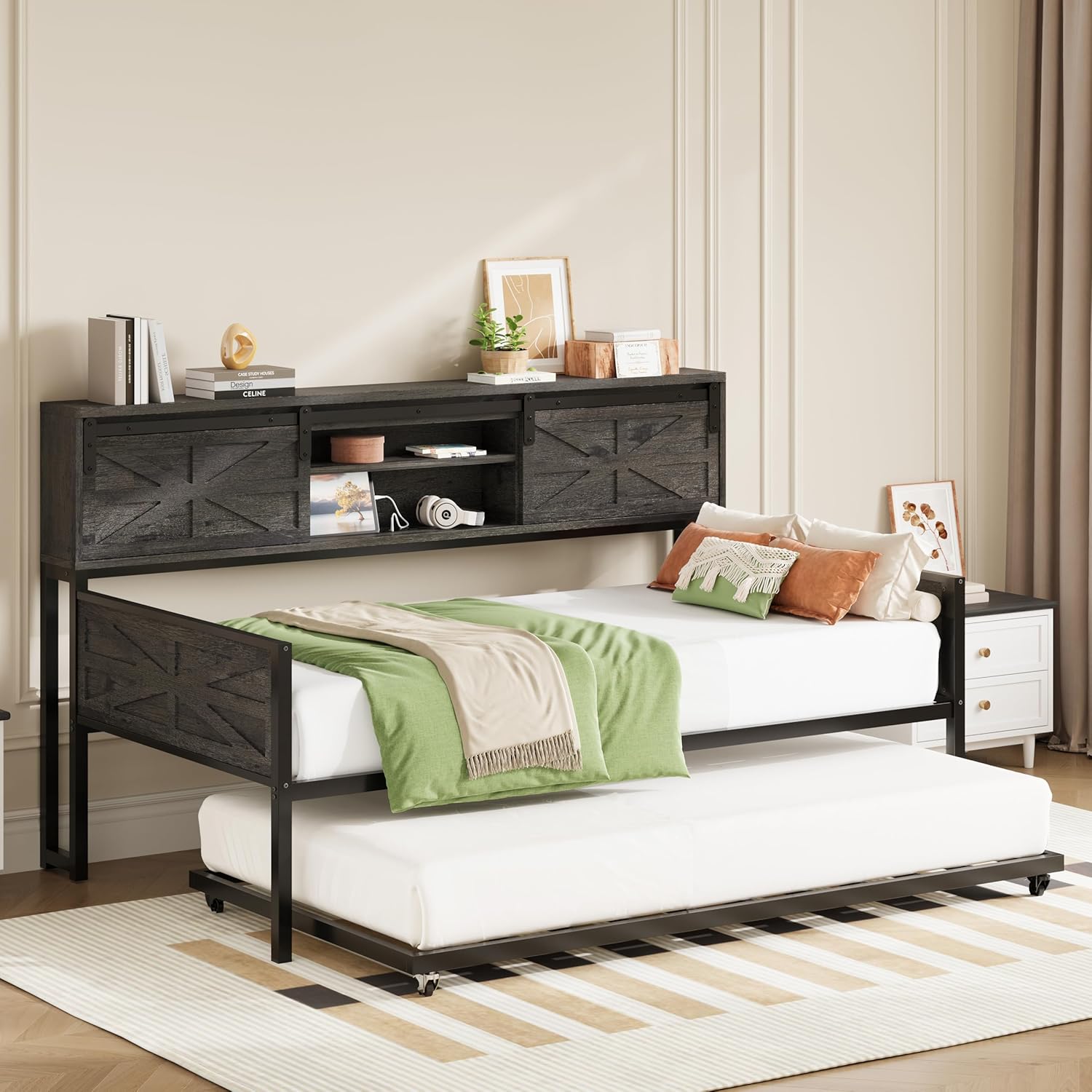 LIKIMIO Farmhouse Trundle Sofa Bed