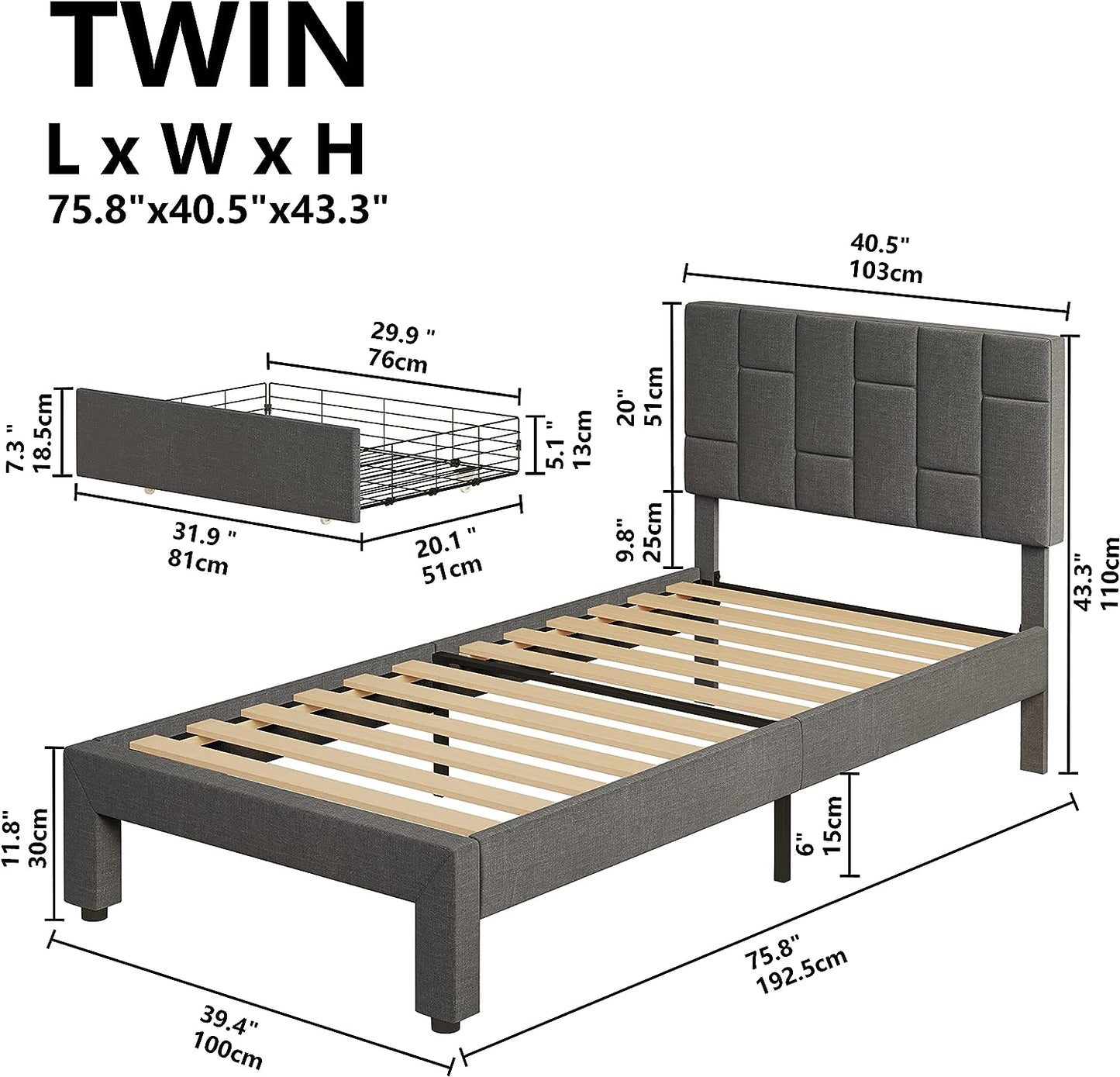 Grey Twin Bed Frame with XL Under-Bed Drawer