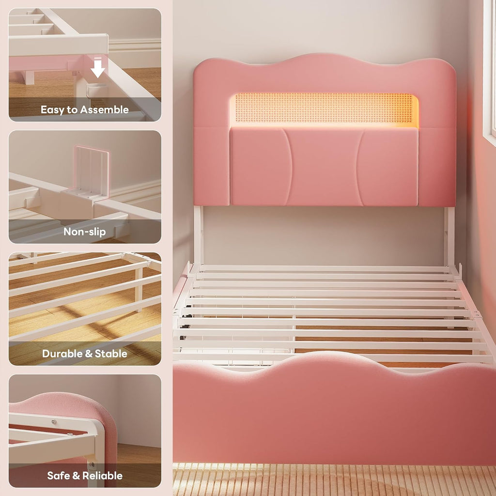 LIKIMIO Velvet Bed Frame (Bookshelf Headboard & Storage & LED)