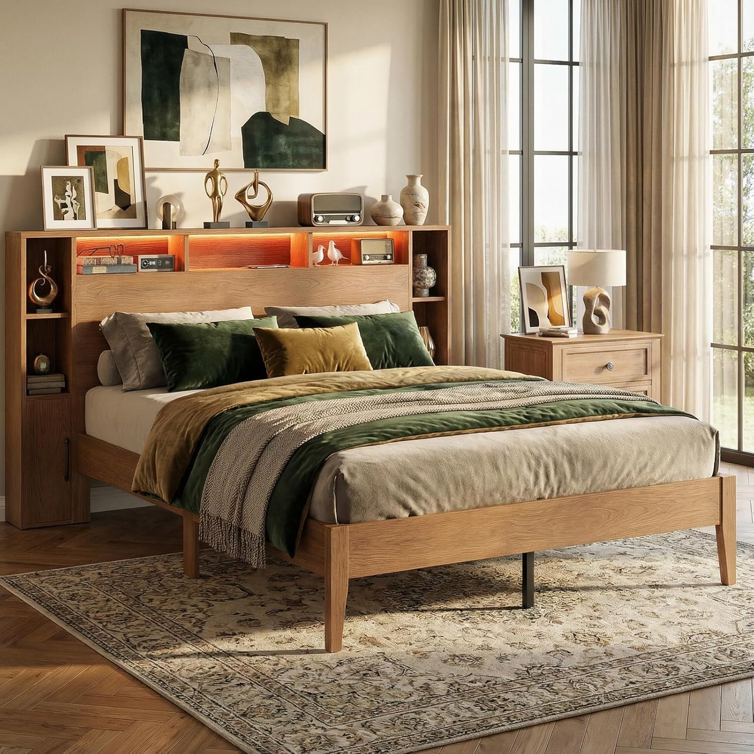 LIKIMIO Queen Bed Frame, with Charging Station & LED Lights, Natural Color