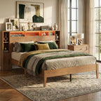 LIKIMIO Queen Size Bed Frame with Storage,  with LED Lights, Light Gray Oak