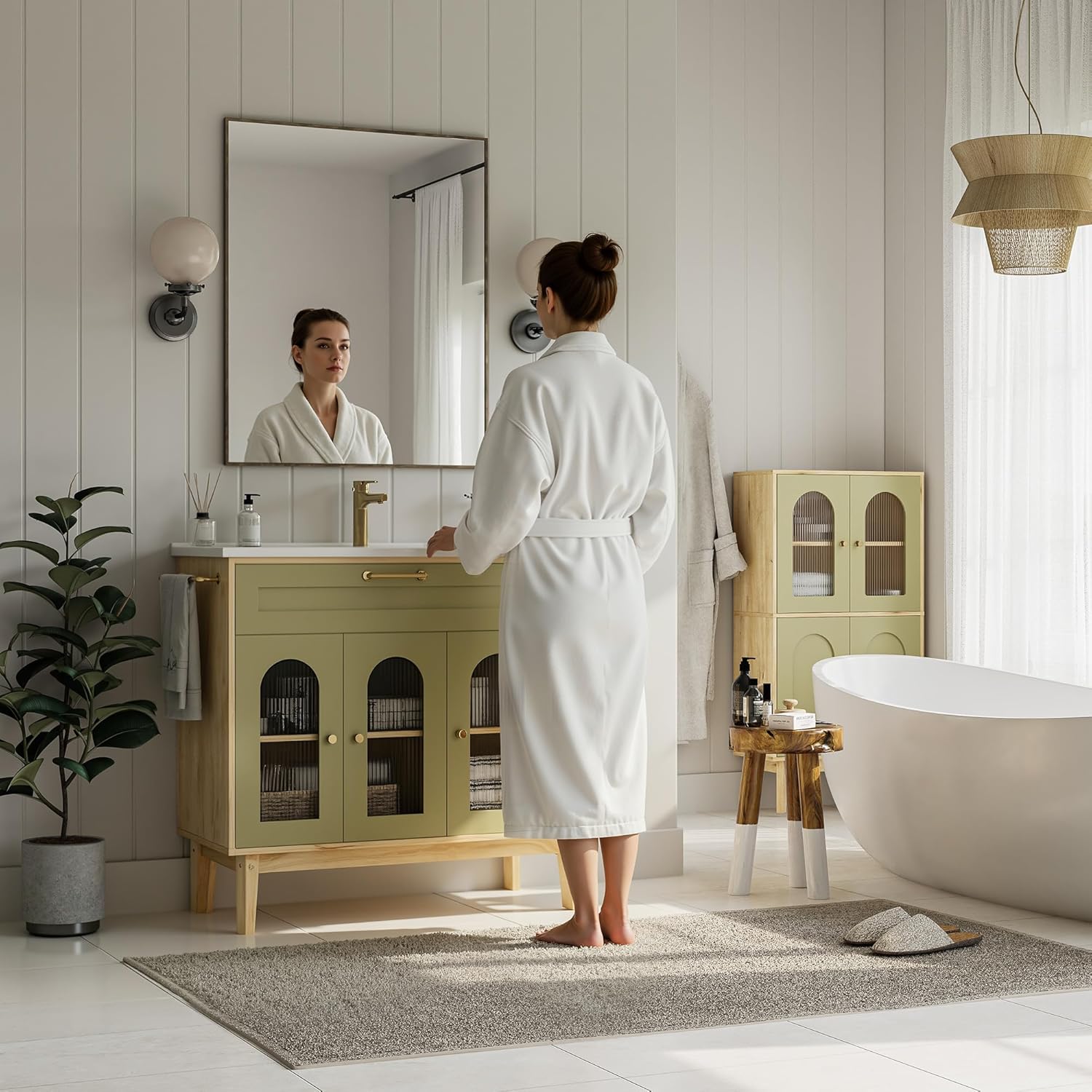 LIKIMIO 36 Inch Bathroom Vanity with Sink, Arched Glass Door Storage with Adjustable Shelf, 36" Single Sink Vanity