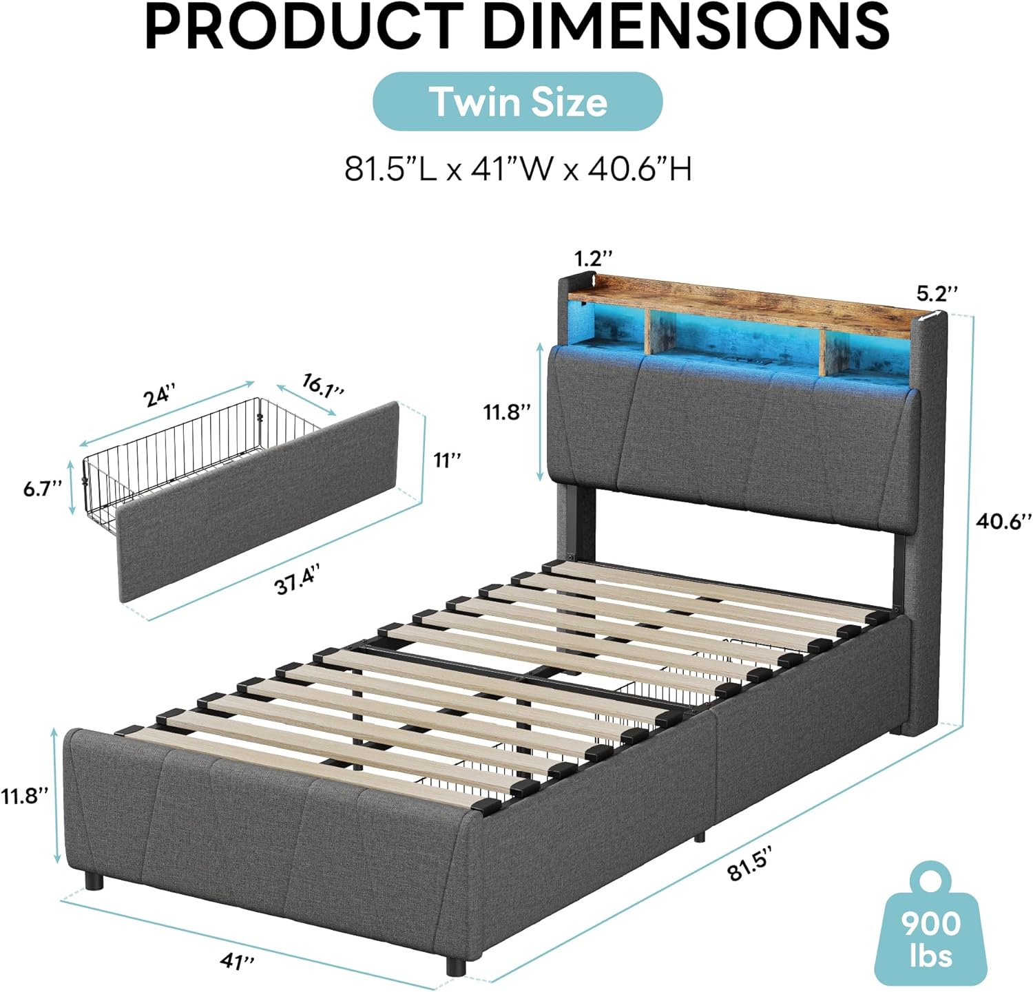 LIKIMIO Twin Bed Frame with Charging Station & LED Lights, Grey