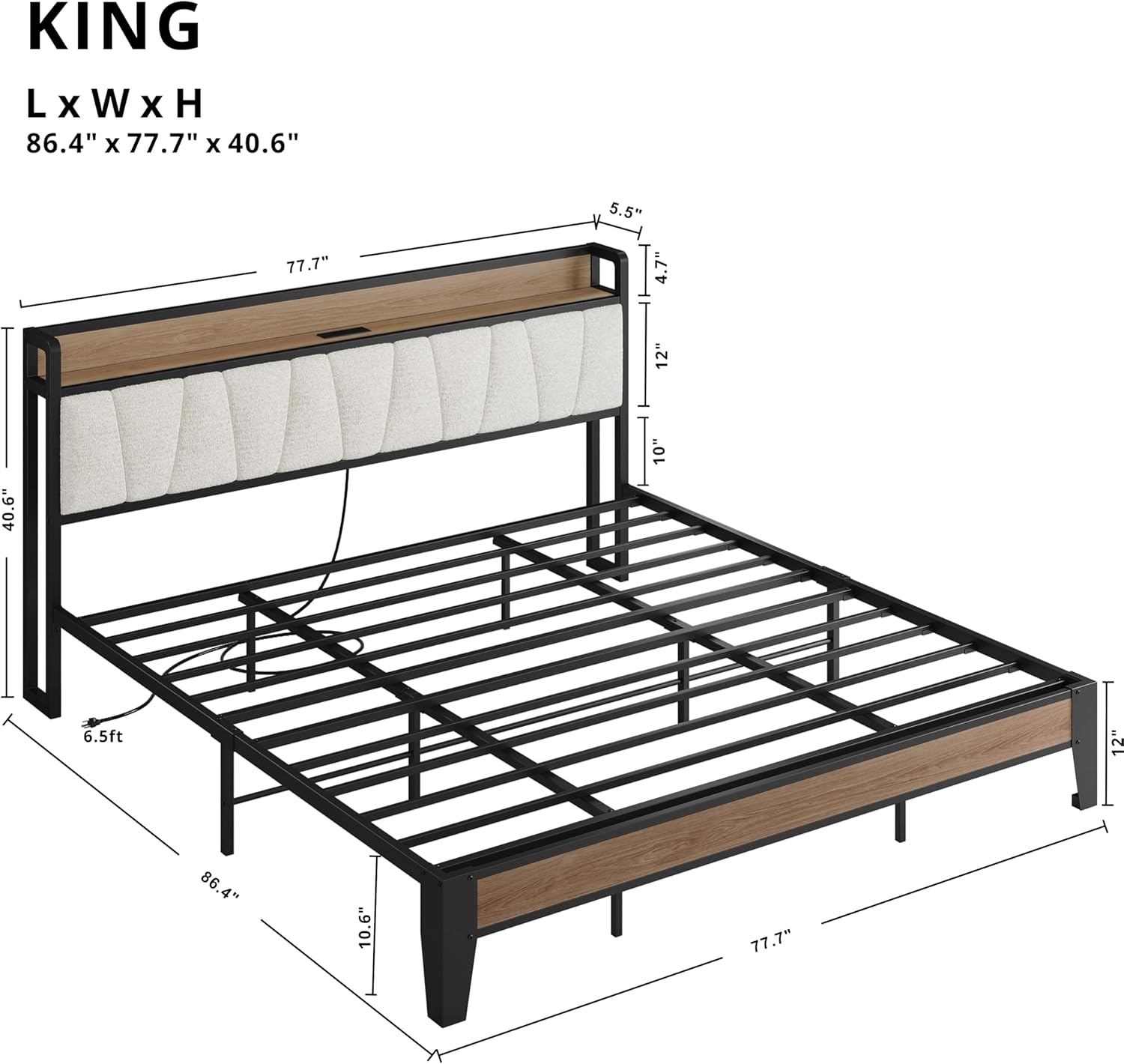 LIKIMIO King Bed Frames, with Charging Station, Wood and Cream