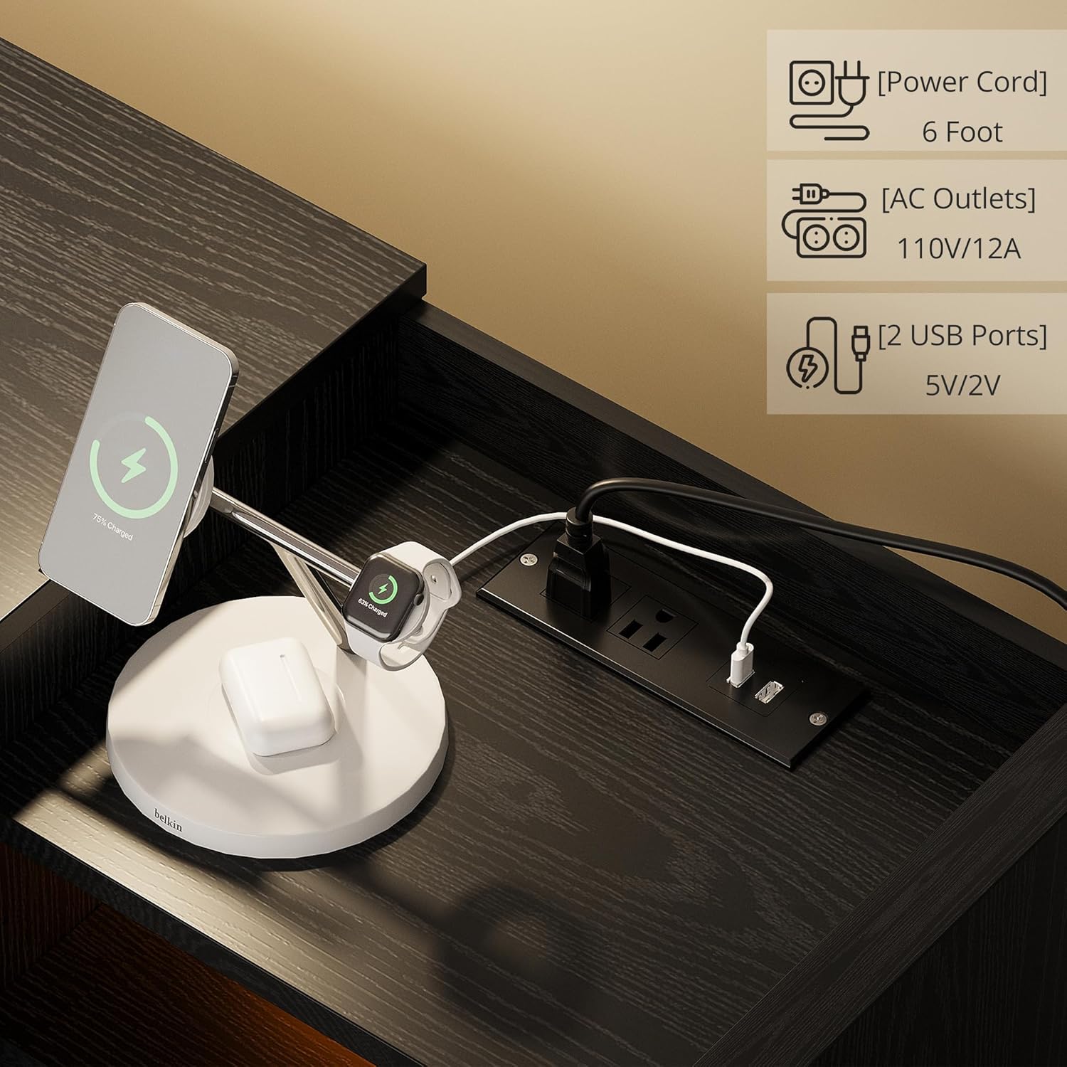 LIKIMIO Wooden Charging Station Nightstand