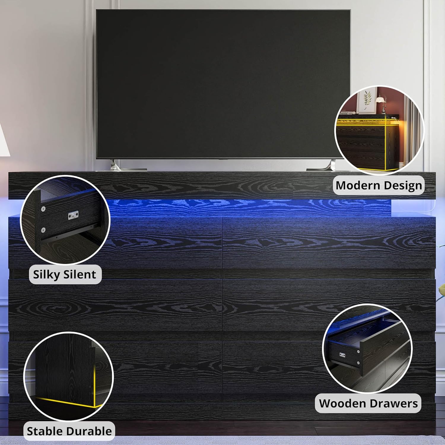 LIKIMIO Wooden LED 6-Drawers Dresser (59")