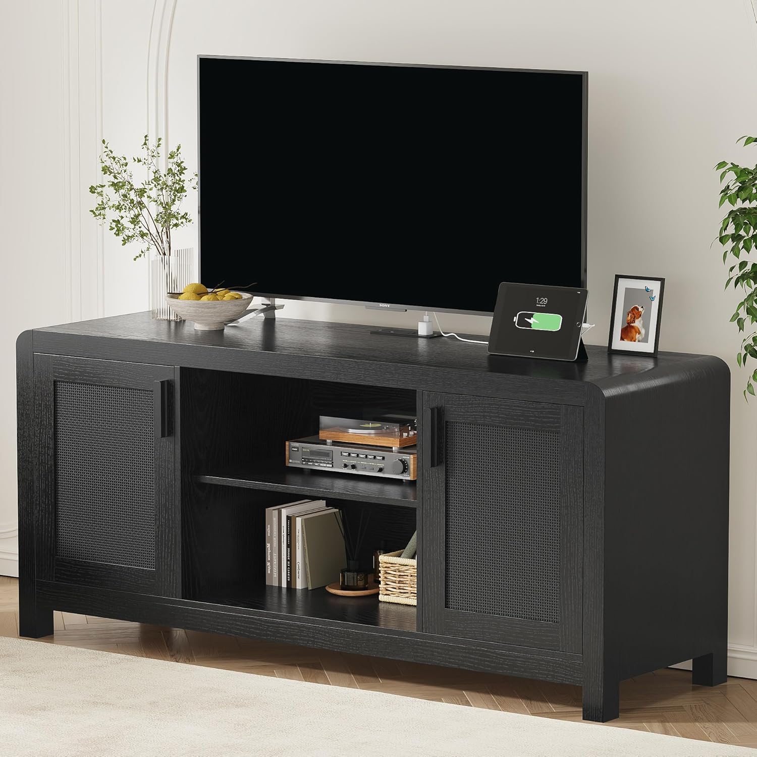 LIKIMIO TV Stand with Power Outlet for TVs up to 65", Black