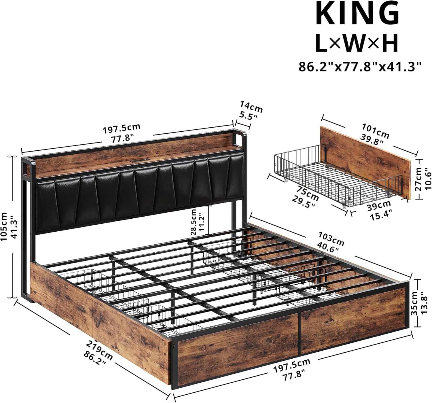 LIKIMIO California King Bed Frame with 4 Storage Drawers, Platform Bed with Charged Headboard