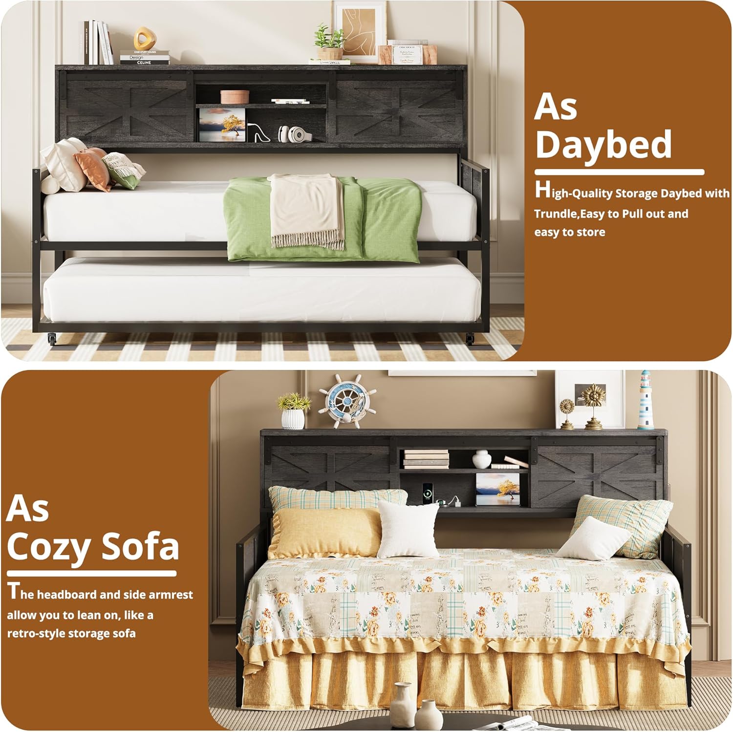 LIKIMIO Farmhouse Trundle Sofa Bed