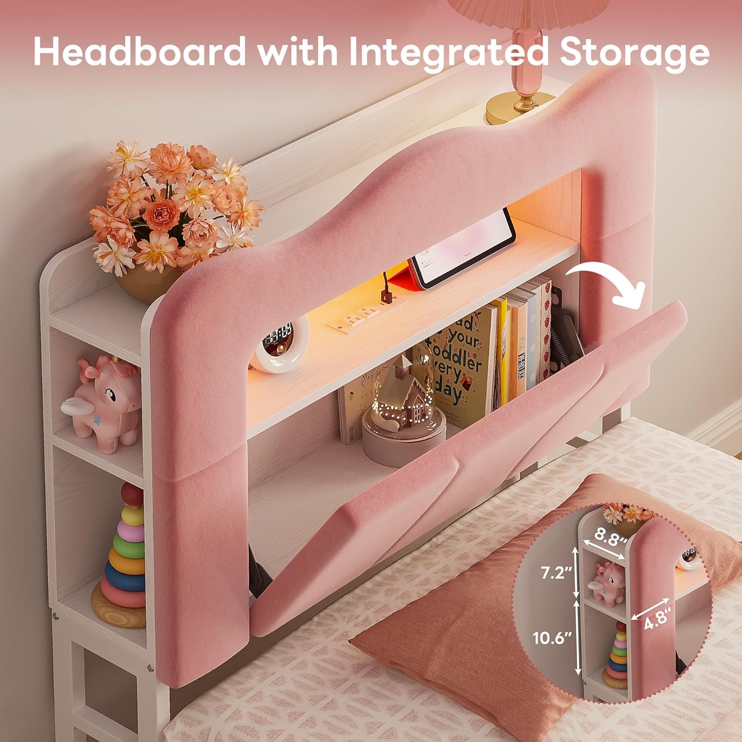 LIKIMIO Velvet Bed Frame (Bookshelf Headboard & Storage & LED)