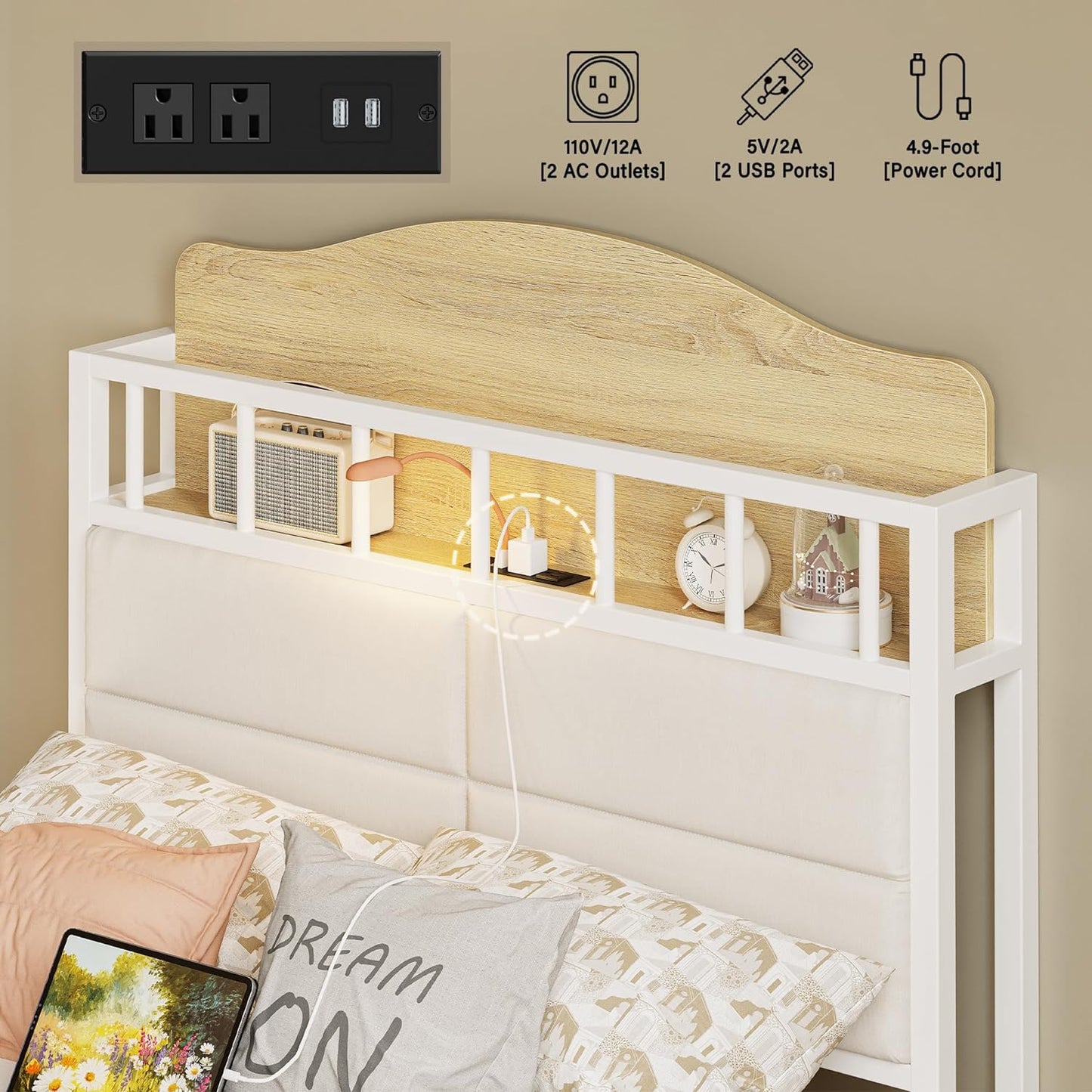 LIKIMIO Bed with Guardrail & Bedside Caddy White