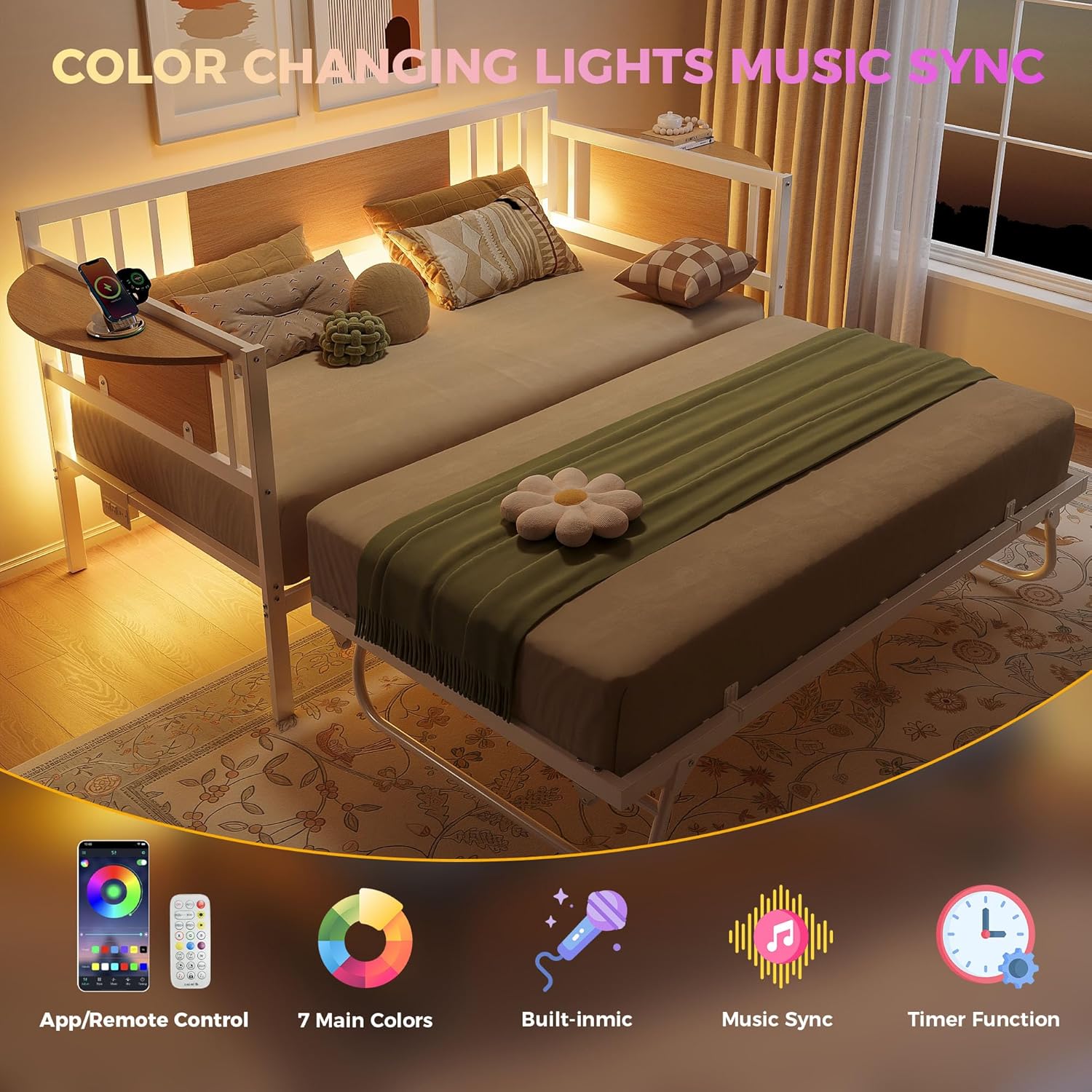 LIKIMIO Daybed with Trundle,  LED Lights and Charging Station,  White