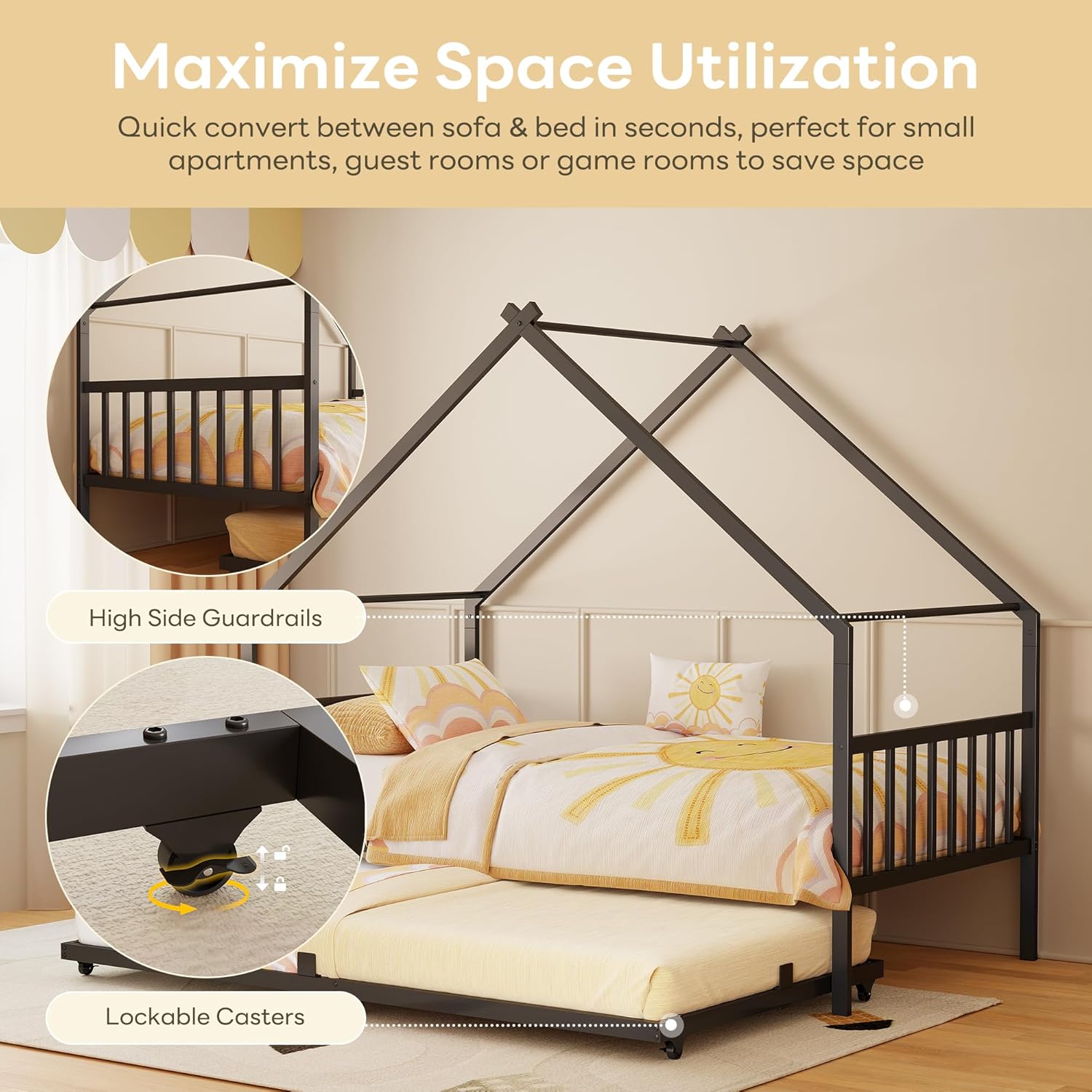 LIKIMIO Twin Daybed with Trundle, DIY House Bed Frame with Raised Headboard & Footboard, Convertible Sofa Bed with Lockable Casters, NO Box Spring Needed, Ideal for Bedroom, Guest Room, Black