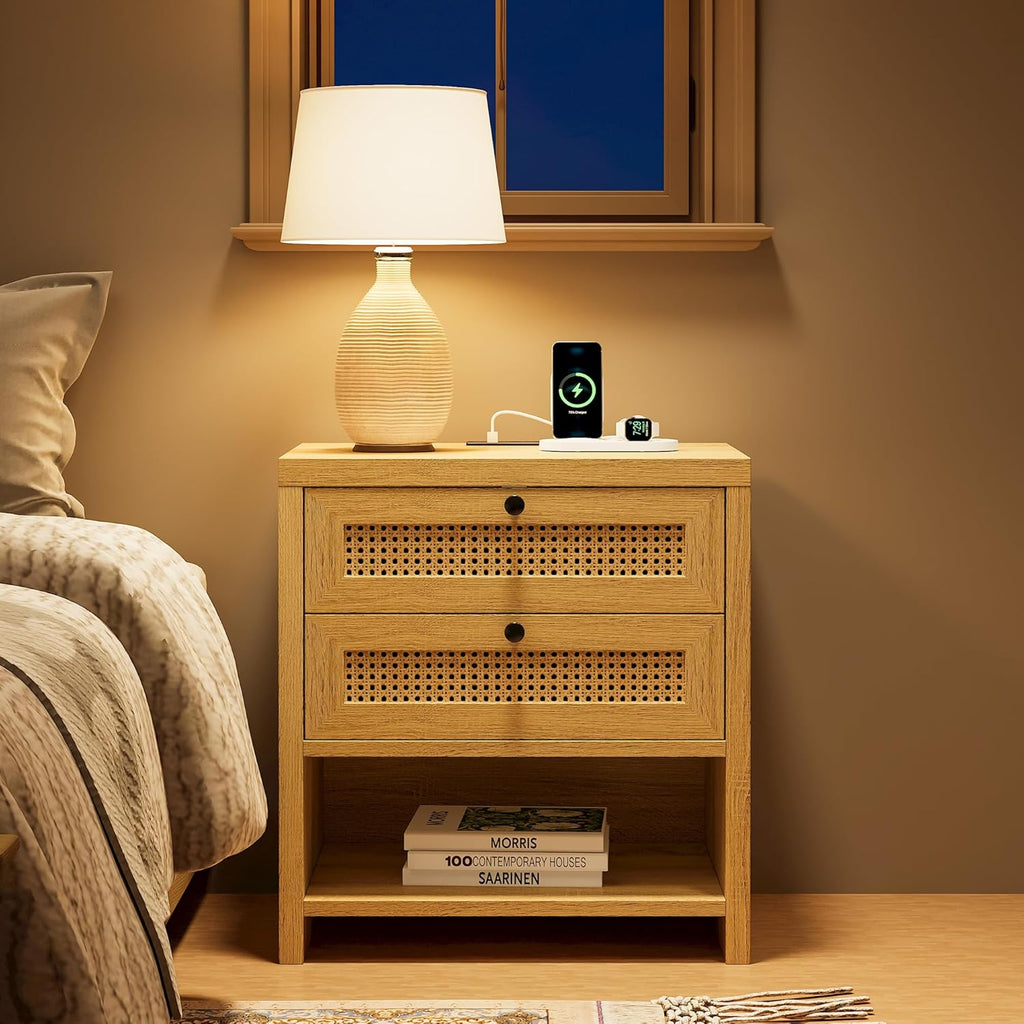 LIKIMIO Rattan Charging Nightstand Set