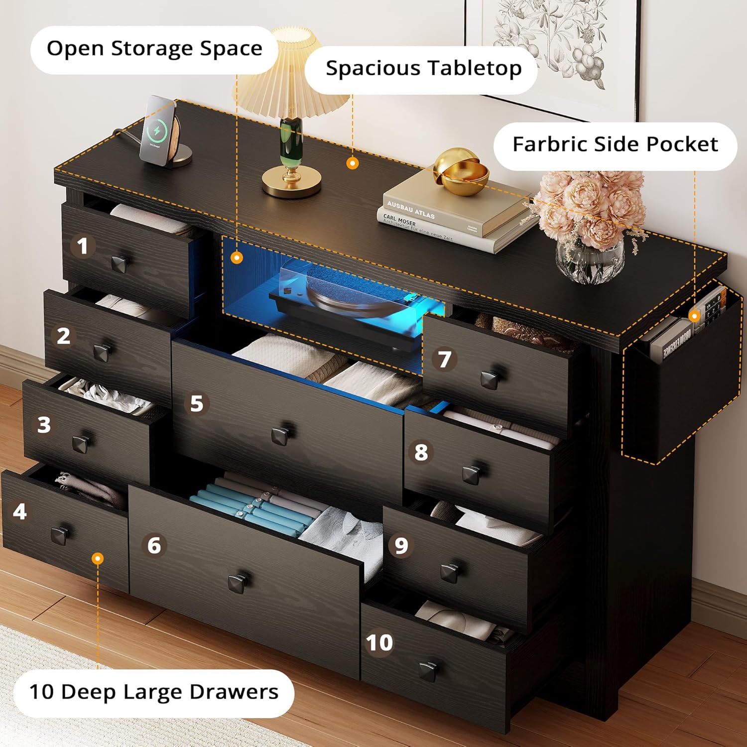 LIKIMIO Fabric Side Pocket & Wooden 10-Drawers Dresser