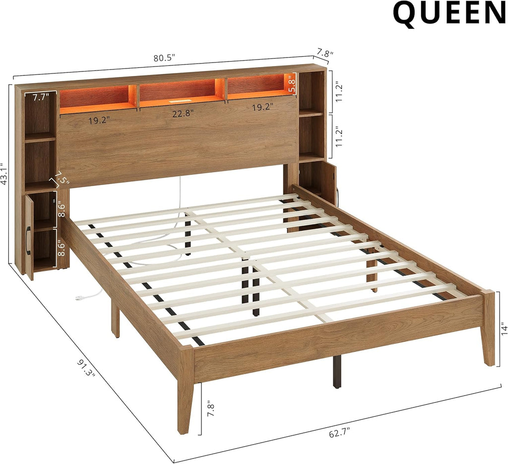 LIKIMIO Queen Bed Frame, with Charging Station & LED Lights, Natural Color