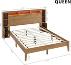 LIKIMIO Queen Bed Frame, with Charging Station & LED Lights, Natural Color