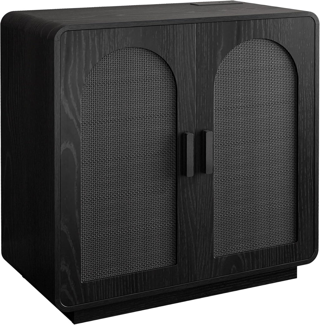 LIKIMIO Rattan Storage Cabinet with with 2 Doors and Adjustable Shelves for Kitchen, Black