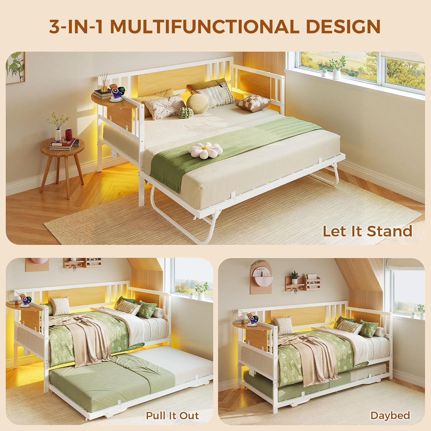 LIKIMIO Daybed with Trundle,  LED Lights and Charging Station,  White