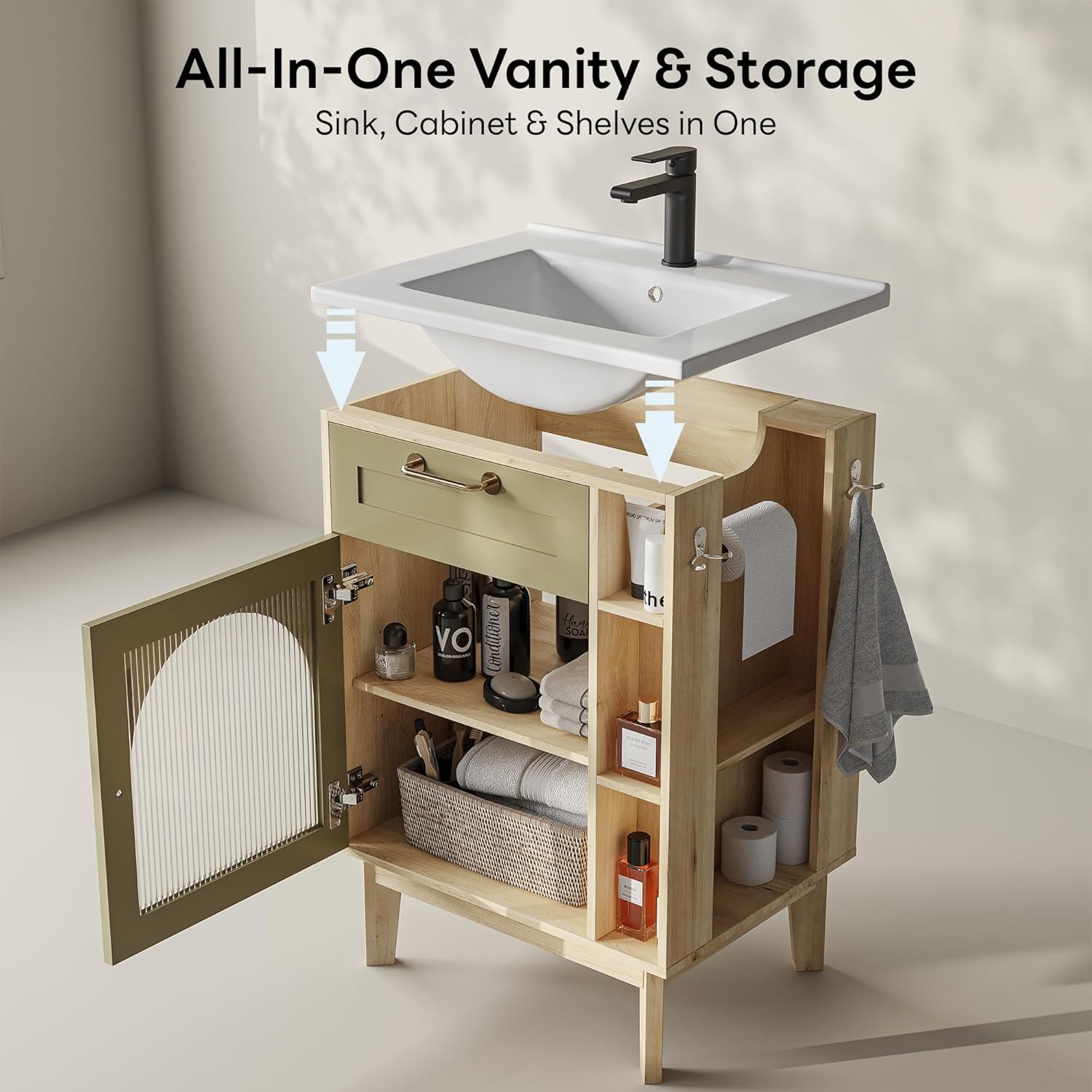 LIKIMIO 24 Inch Bathroom Vanity with Sink, Compact Bathroom Cabinet with Integrated Ceramic Sink