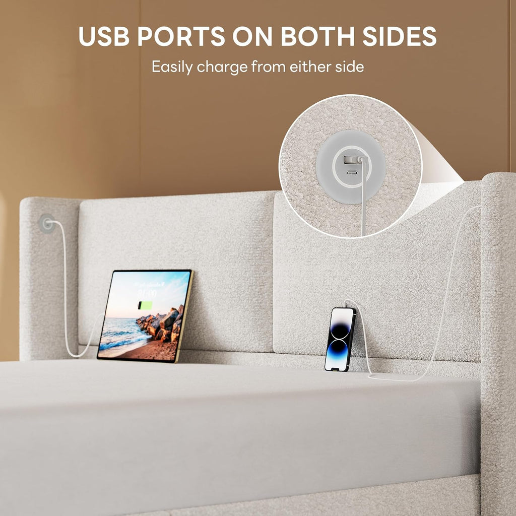 LIKIMIO Full Bed Frame with Headboard, with USB Ports, Cream White
