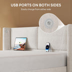 LIKIMIO Full Bed Frame with Headboard, with USB Ports, Cream White
