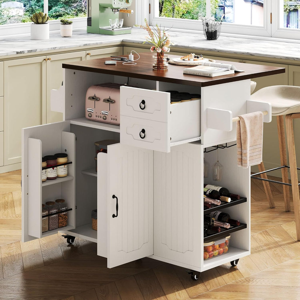 LIKIMIO 51" Mobile Kitchen Island Cart with Drop Leaf & Power Outlet